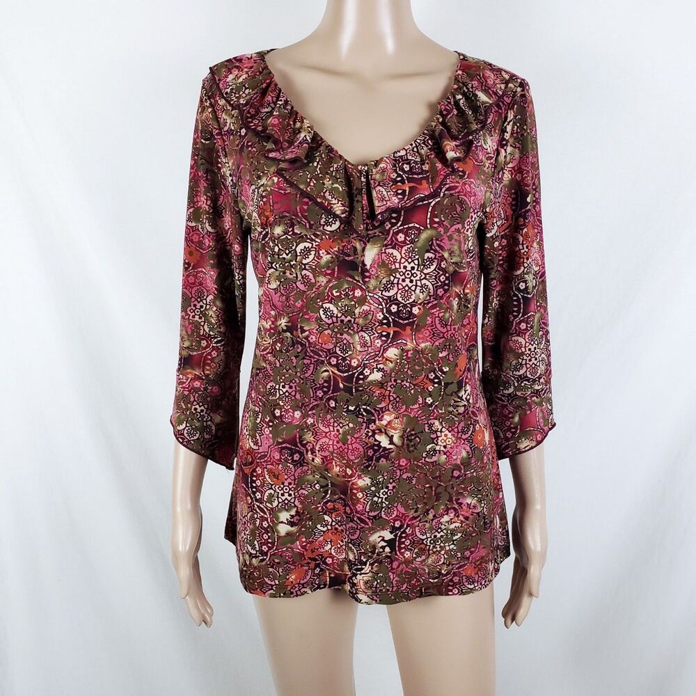 Y2K Boho Earthy Maximalist Top Womens M Ruffles Asymmetric Sleeve Mixed Print